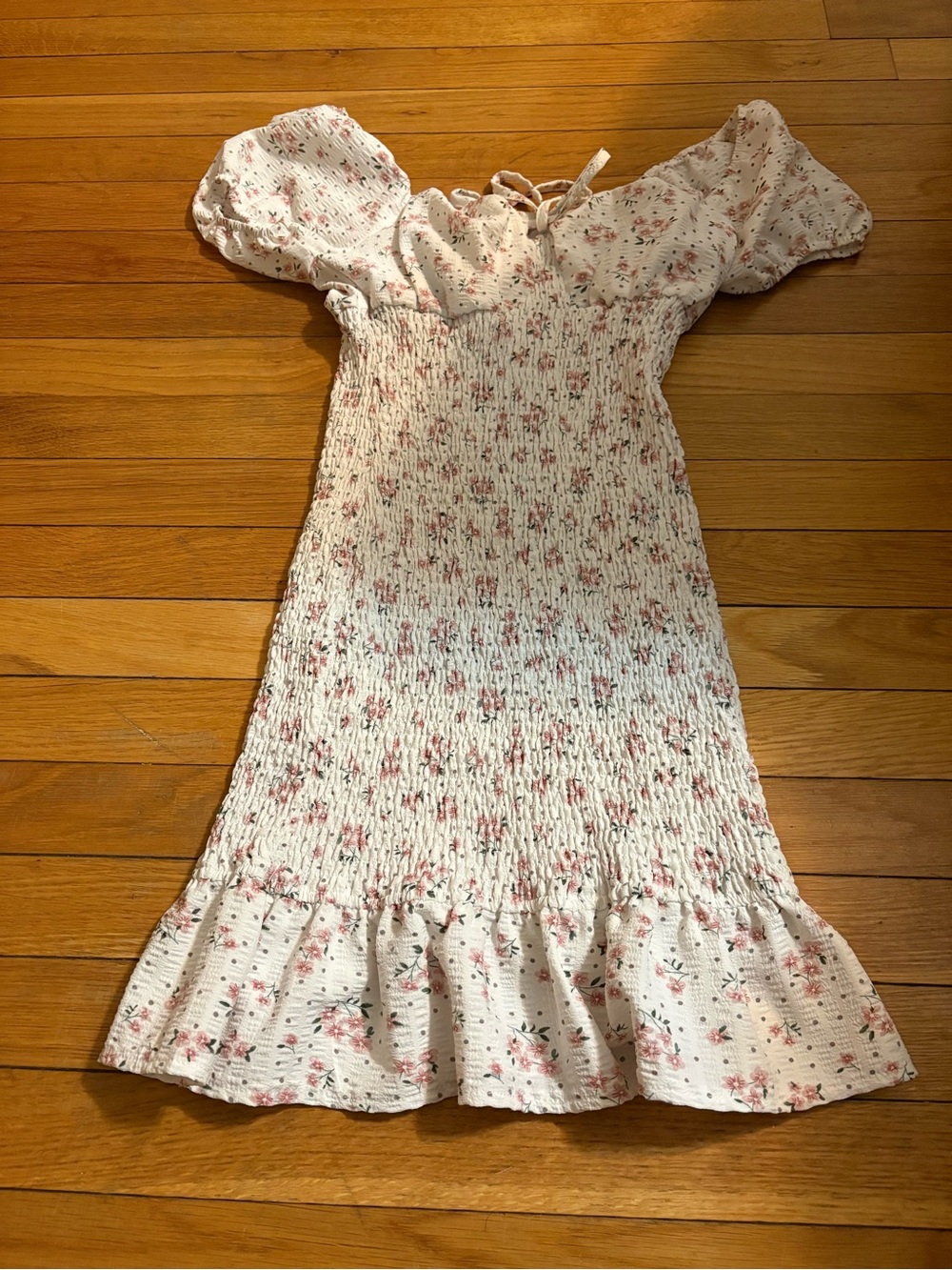 White & Pink Floral Smocked Midi Dress